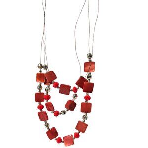 Retro Red Beaded Multi Layer Necklace Square Beads Fashion Jewelry Women